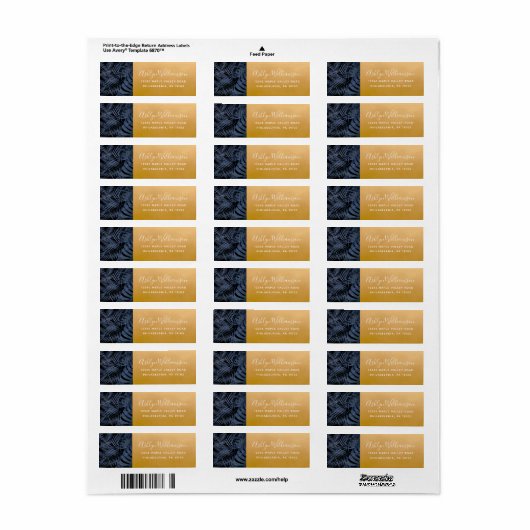 Navy tropical palm leaf modern script gold address etiket (Full Sheet)