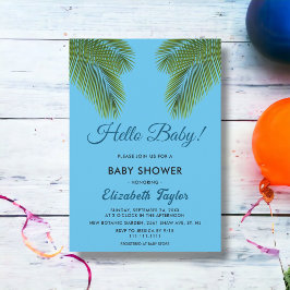 Navy Tropical Palm Leaves Beach Baby shower Kaart