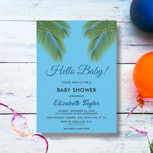 Navy Tropical Palm Leaves Beach Baby shower Kaart
