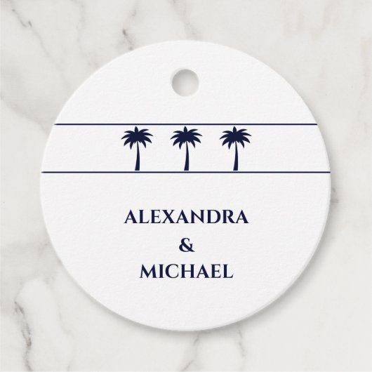 Navy Tropical Palm Tree Coastal Wedding Dank u Bedankjes Labels (Voorkant)
