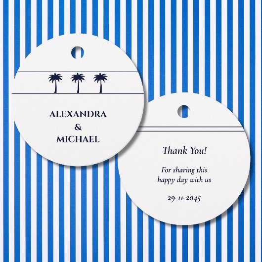Navy Tropical Palm Tree Coastal Wedding Dank u Bedankjes Labels
