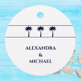 Navy Tropical Palm Tree Coastal Wedding Dank u Bedankjes Labels