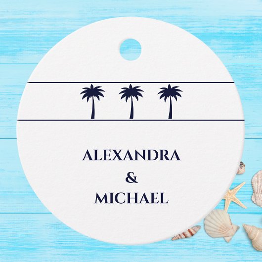 Navy Tropical Palm Tree Coastal Wedding Dank u Bedankjes Labels