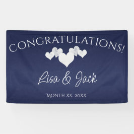 Navy Trouwbanner Elegante Witte Harten Spandoek