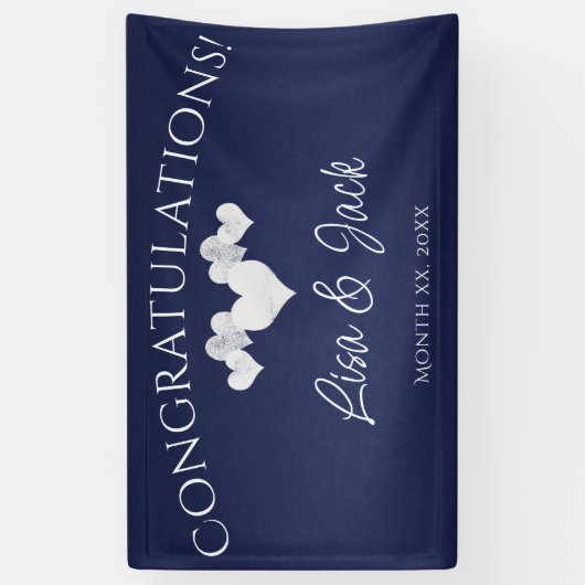 Navy Trouwbanner Elegante Witte Harten Spandoek (Verticaal)