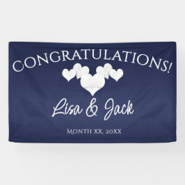 Navy Trouwbanner Elegante Witte Harten Spandoek