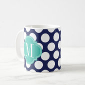 Navy & Turquoise Big Polka Dots Monogrammed Koffiemok (Voorkant links)