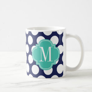 Navy & Turquoise Big Polka Dots Monogrammed Koffiemok
