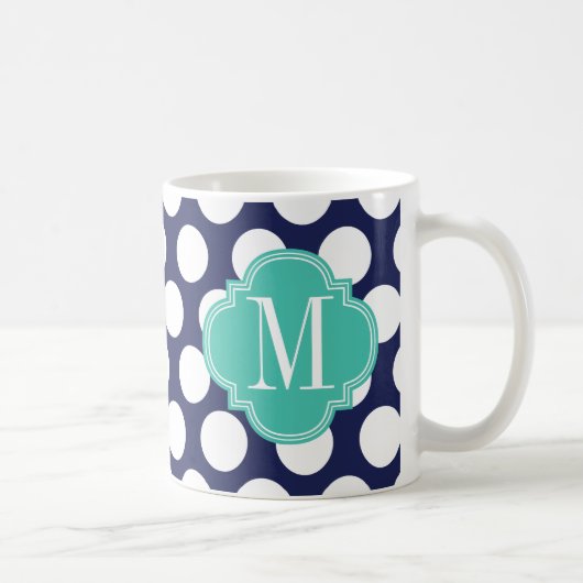 Navy & Turquoise Big Polka Dots Monogrammed Koffiemok (Rechts)
