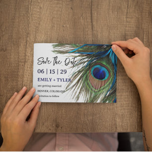 Navy Turquoise Peacock Feather Boho Save the Date Aankondigingskaart