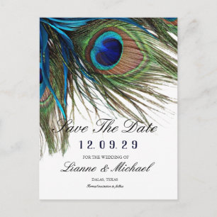 Navy Turquoise Peacock Feather Boho Save the Date Aankondigingskaart