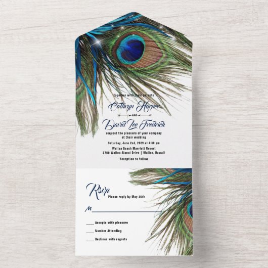 Navy Turquoise Peacock Feather Boho Wedding All In One Uitnodiging (Binnen)