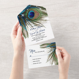 Navy Turquoise Peacock Feather Boho Wedding All In One Uitnodiging