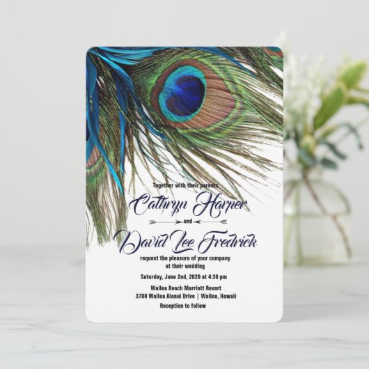 Navy Turquoise Peacock Feather Boho Wedding Invite Kaart (Staand voorkant)
