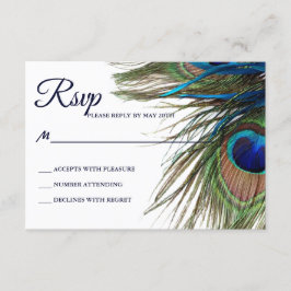 Navy Turquoise Peacock Feather Boho Wedding RSVP Kaartje