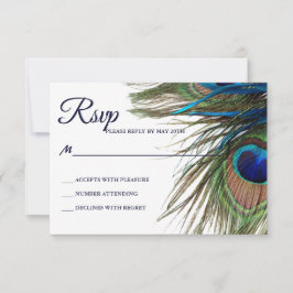Navy Turquoise Peacock Feather Boho Wedding RSVP Kaartje