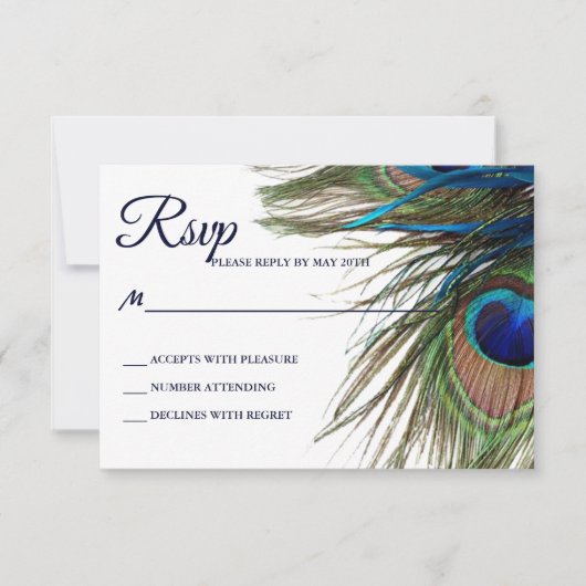 Navy Turquoise Peacock Feather Boho Wedding RSVP Kaartje (Voorkant)