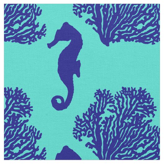 Navy Turquoise Seahorse Coastal Pattern Stof (Close Up)