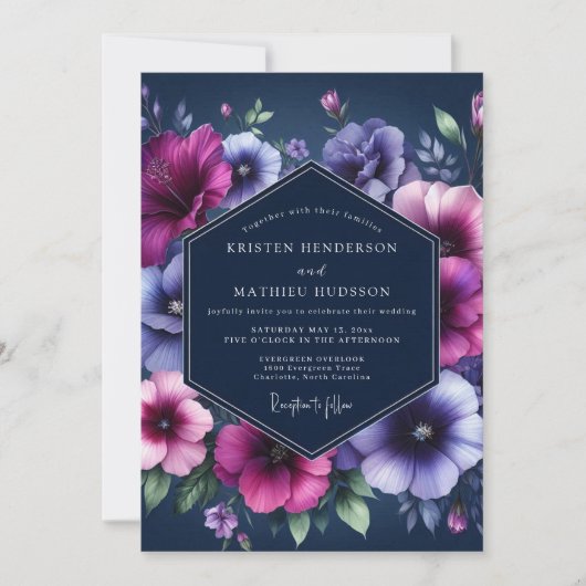 Navy Twilight Bloom Wedding Kaart (Voorkant)