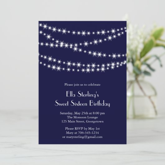 Navy Twinkle Lights Birthday Uitnodiging (Staand voorkant)