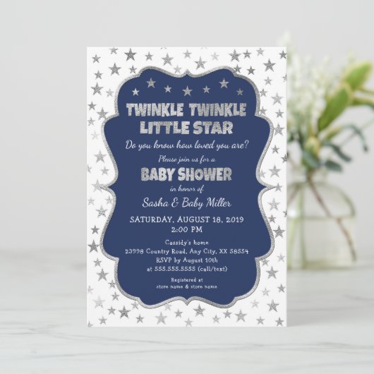 Navy Twinkle Little Star Baby Shower uitnodigingen (Staand voorkant)