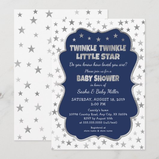 Navy Twinkle Little Star Baby Shower uitnodigingen (Voorkant / Achterkant)