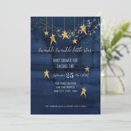 Navy Twinkle Little Star Gold Boy Baby shower Kaart (Staand voorkant)