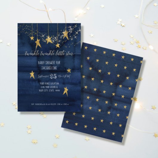 Navy Twinkle Little Star Gold Boy Baby shower Kaart