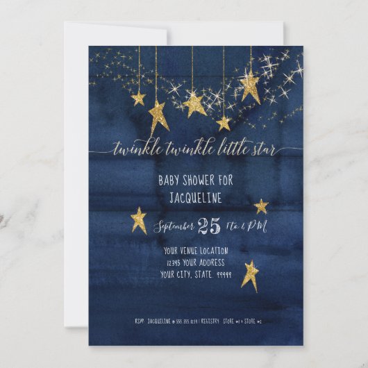 Navy Twinkle Little Star Gold Boy Baby shower Kaart (Voorkant)