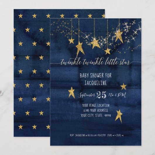 Navy Twinkle Little Star Gold Boy Baby shower Kaart (Voorkant / Achterkant)