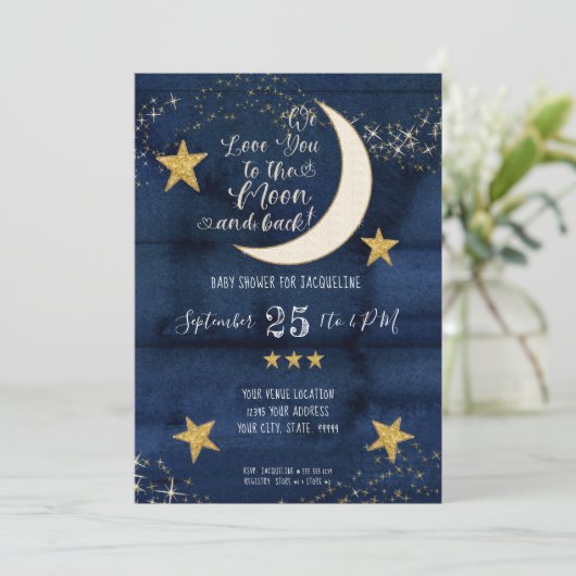 Navy Twinkle Little Star Moon Love Boy Baby shower Kaart (Staand voorkant)