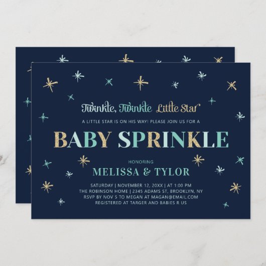 Navy Twinkle Twinkle Little Star Boy Baby Sprinkle Kaart (Voorkant / Achterkant)