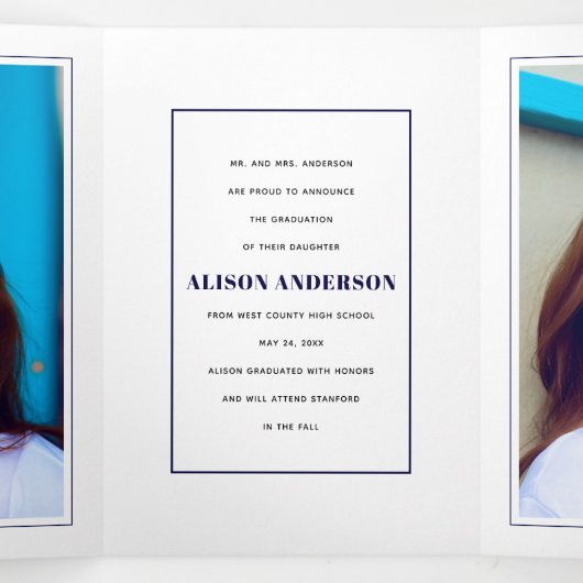 Navy typografie Klasse van 2025 afstuderen foto Drieluik Aankondiging (Binnenkant midden)