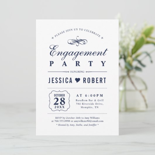 Navy | Uitnodiging van de partij Elegant Engagemen (Staand voorkant)