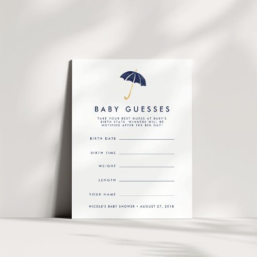 Navy Umbrella Baby shower Guessing spel Kaart
