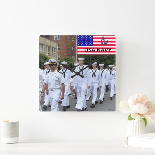Navy USA Marching Saillors in White Army Vierkante Klok (Huis)