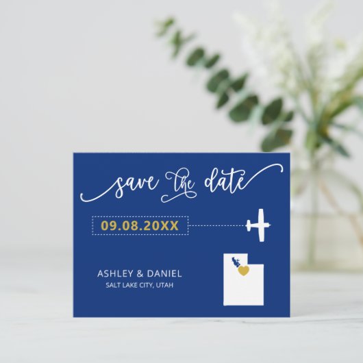 Navy Utah Wedding Save the Date Map Briefkaart (Staand voorkant)