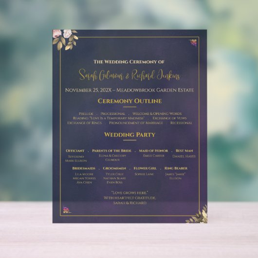 Navy Velvet Wedding Program Board – Doorschijnend Acryl Bord (Neutraal)