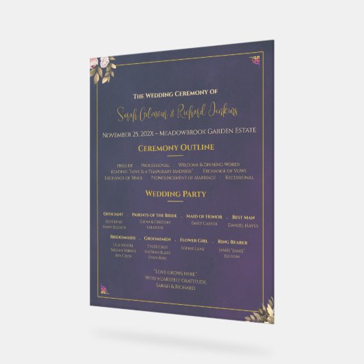 Navy Velvet Wedding Program Board – Doorschijnend Acryl Bord (Hoek)