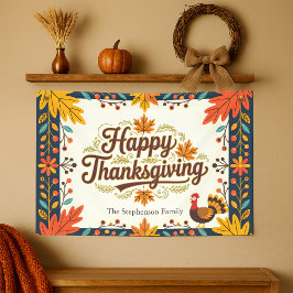 Navy Verbrand Oranje Folk Art Kalkoen Thanksgiving Spandoek
