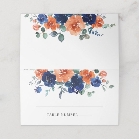 Navy Verbrand Sinaasappel Bloemen Herfst Trouwplaa Plaatskaartje (Buitenkant ongevouwen)