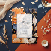 Navy, Verbrand Sinaasappel & Champagne Floral Wedd Drieluik Uitnodiging