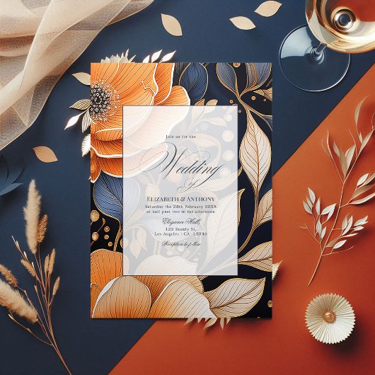 Navy, Verbrand Sinaasappel & Champagne Floral Wedd Drieluik Uitnodiging