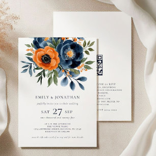 Navy Verbrand Sinaasappel Waterverf Bloemen QR Huw Kaart