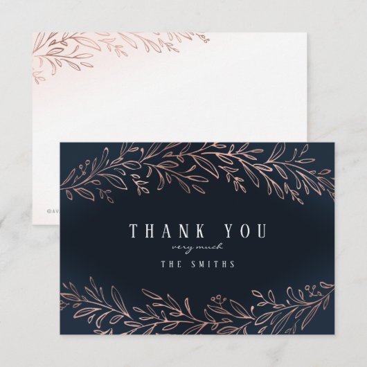 Navy verguld roos gouden botanische gebladerte bed bedankkaart (Voorkant / Achterkant)