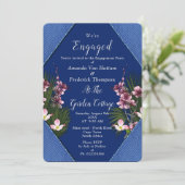 Navy - Verloving blauw en roze bloemen Kaart (Staand voorkant)