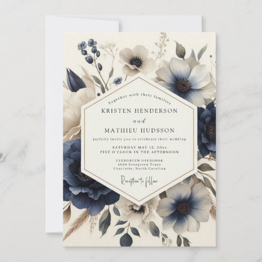 Navy Vintage Blossom Wedding Kaart (Voorkant)