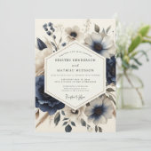 Navy Vintage Blossom Wedding Kaart (Staand voorkant)