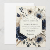 Navy Vintage Blossom Wedding Kaart (Voorkant / Achterkant)