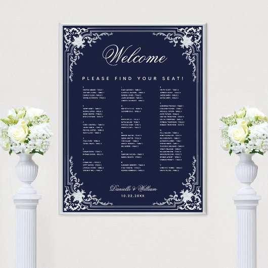 Navy Vintage bruiloft Alfabetische Zitting Grafiek Poster